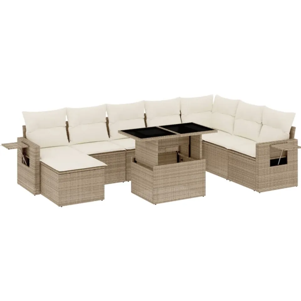 vidaXL 9-delige Loungeset met kussens poly rattan beige, foto 3