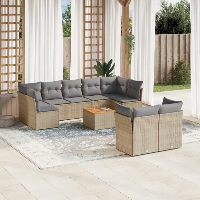 vidaXL 10-delige Loungeset met kussens poly rattan beige, foto 2