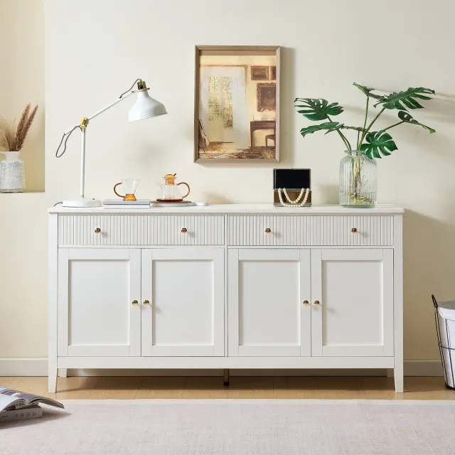VVBV Dressoir - 160 x 40 x 82 cm, Wit, met 2 Lades en 4 Deuren, Verstelbare Planken, MDF, Veel Opbergruimte