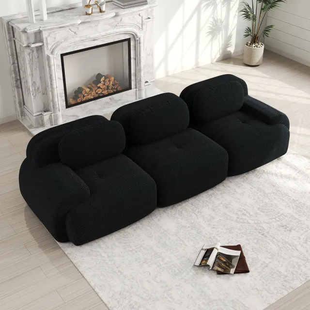 HAUSS SPOLE Modulaire Hoekbank 3-Zits - Flexibel Te Combineren - Antislip Onderzijde - Ergonomische Armleuningen - Ribfluweel Zwart