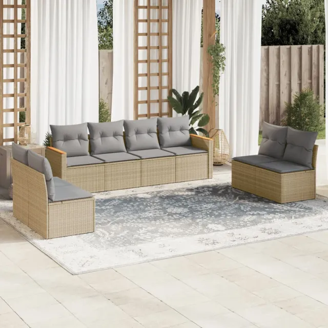 vidaXL 8-delige Loungeset met kussens poly rattan beige, foto 2