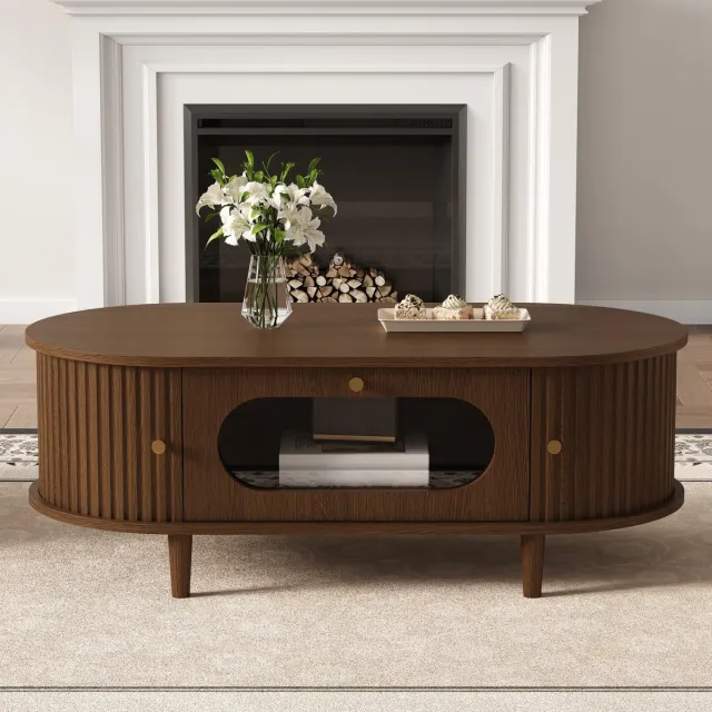 REDOM Salontafel Met Lade En Roldeur - Modern - Voor Woonkamer - MDF En Glas - Walnootkleur - 100 X 50 X 36 Cm Okkernoot