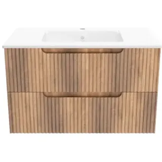 Aurlane Wastafelonderkast Emilien 50cm - Houtlook Mat - Met 2 Lades - Met Mat Witte Wastafel, foto 2