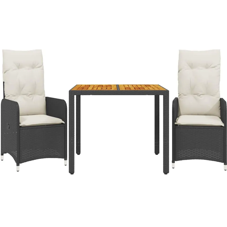 vidaXL 3-delige Bistroset met kussens poly rattan zwart
