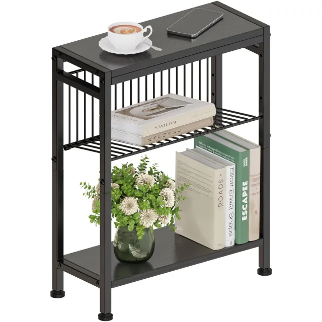 Ibenzoa Moderne en Slanke Bijzettafel met Drie Niveaus en Tijdschriftenhouder voor Diverse Ruimtes Zwart