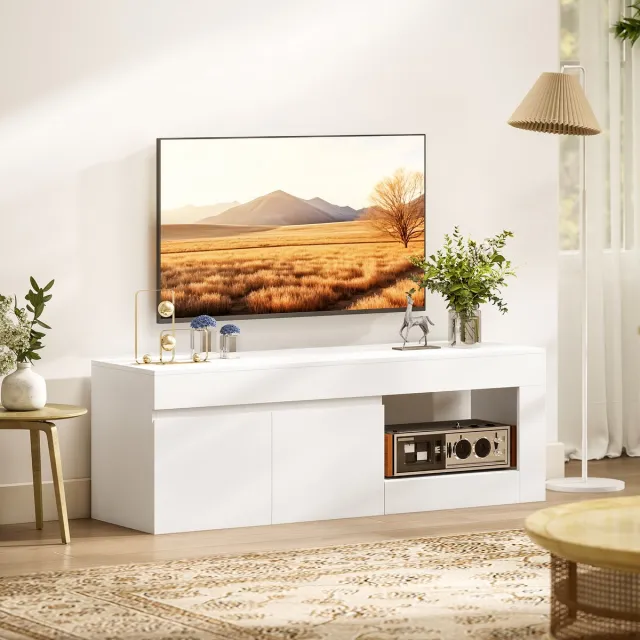 ECTEATOY TV meubel met 2 deuren - voor tv's tot 60 inch - TV kast met kastruimte en open schap - wit - 140x40x48 cm