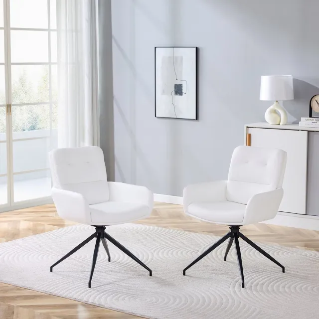Welltin Draaibare Eetkamerstoel-Set van 2-360° Draaibaar-wit,zwart-Ergonomische Zitting en Rugleuning-Eetkamerstoel met Armleuningen