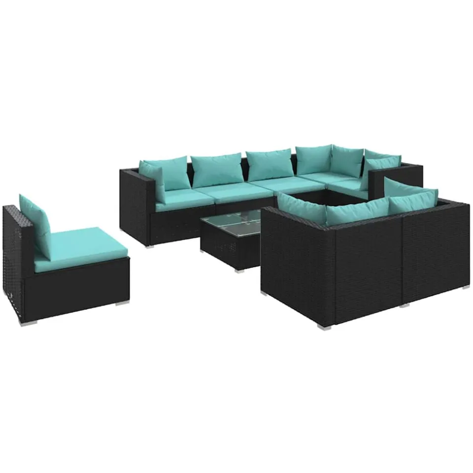 vidaXL 9-delige Loungeset met kussens poly rattan zwart