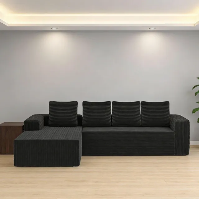 KOMHTOM Cloud hoekbank met L-vormige chaise longue, moderne modulaire bank met diepe zitting, gestoffeerde banken met chaise longue naar rechts voor woonkamer of slaapkamer, geen montage nodig, zwart (zachte corduroy stof)