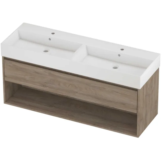 Proline Zara Badmeubelset Porselein Loft Schap 140x46x65 cm Glans Wit Raw Oak Eiken