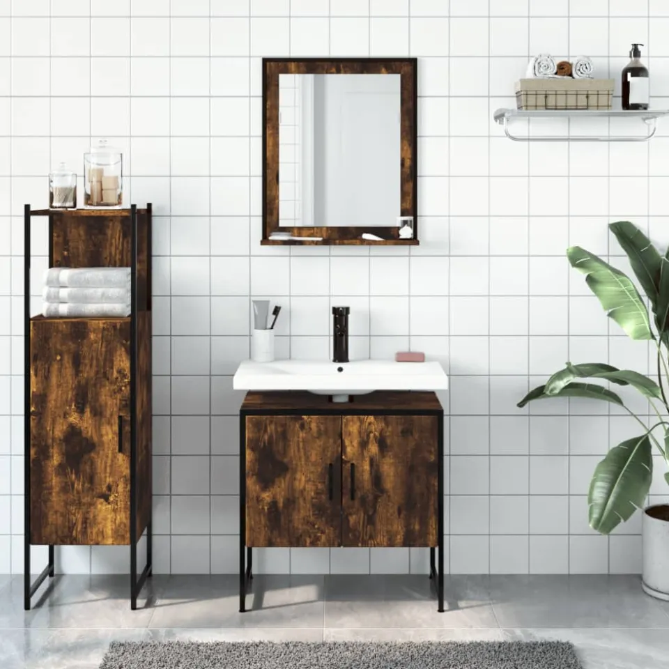 vidaXL 3-delige Badkamermeubelset bewerkt hout gerookt eikenkleurig, foto 2