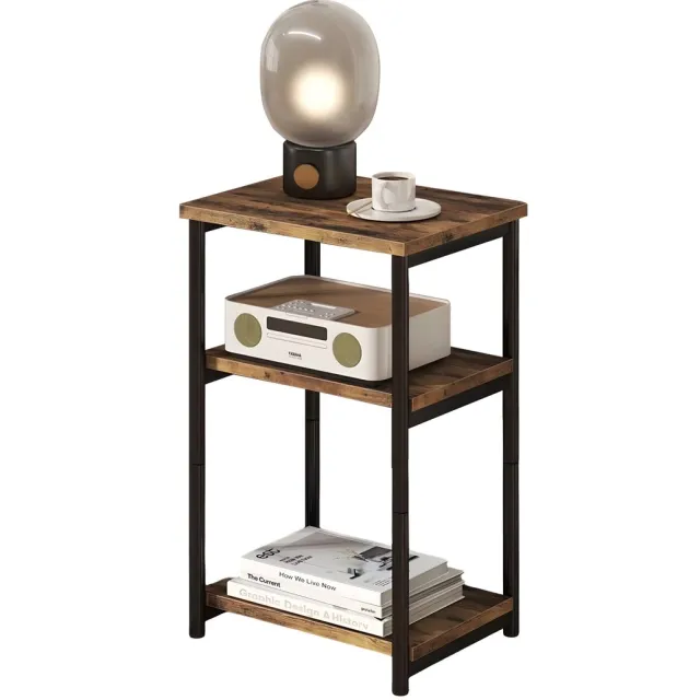 Happiq Smal Bijzettafeltje 3-Laags - Voor Slaapkamer & Woonkamer - Houten Nachtkastje met Opbergplank en Metalen Frame - Bruin