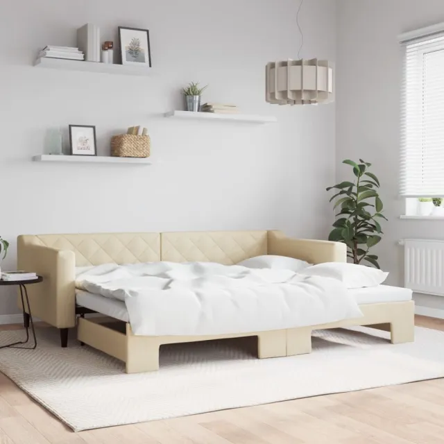 vidaXL Slaapbank met onderschuifbed 90x200 cm stof crèmekleurig