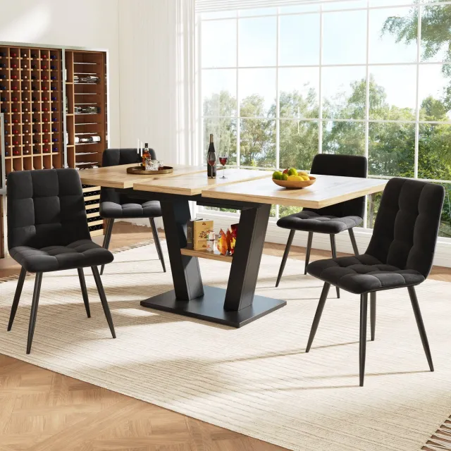 STILVORA Eettafelset - Uittrekbare Eettafel 118-157x70x75 Cm - MDF Blad Met Metalen V-Poten - 4 Fluwelen Stoelen - Stil Uittreksysteem - Zwart