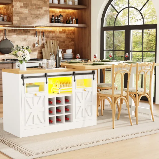 REDOM Eettafel - 360° draaibare tafelbladen - Uitschuifbaar - Modern - Keuken en eetruimte - MDF en glas - Wit - 197 x 40 x 72 cm
