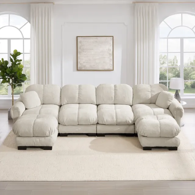FloraGrace U-Bank 4-Zits - Modulair Met 2 Verplaatsbare Ottomans En Gestikt Design - Voor Woonkamer - Chenille - Licht Khaki Licht kaki