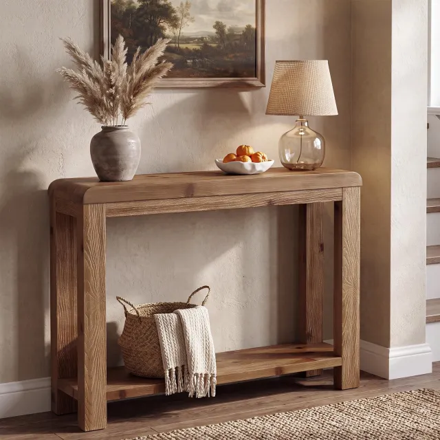 Little Trees LITTLE TREE Landelijke Banktafel 105cm - Massief hout - Console tafel met Opbergplanken - Bruin