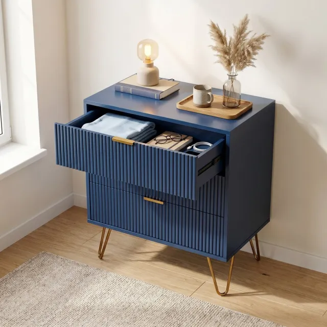Mofor Nachtkastje - Ladekast met 3 lades - 60x40x70 cm - Houten opbergkast met metalen poten - Geribbeld design - Modern - Blauw en Goud