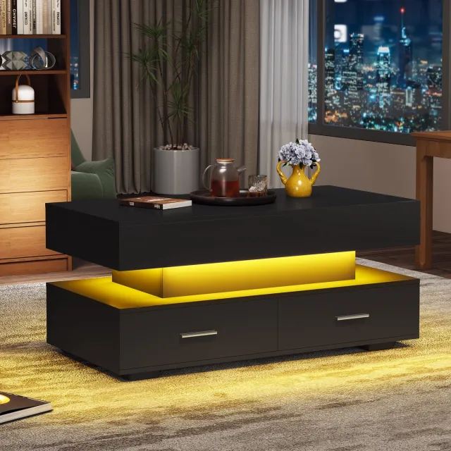 Wishdor hydraulisch verstelbare salontafel 100×50×44 cm — LED met Bluetooth-app, muzieksynchronisatie, 2 lades & verborgen opbergruimte Zwart