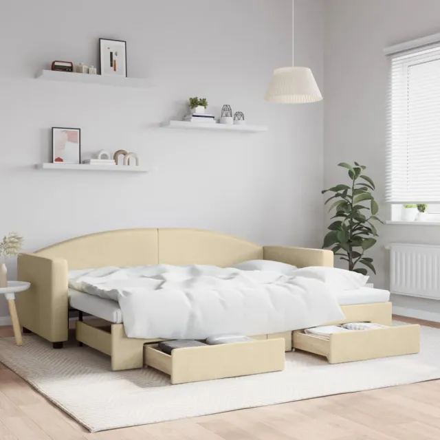 vidaXL Slaapbank met onderschuifbed en lades 80x200 cm stof crèmekleur