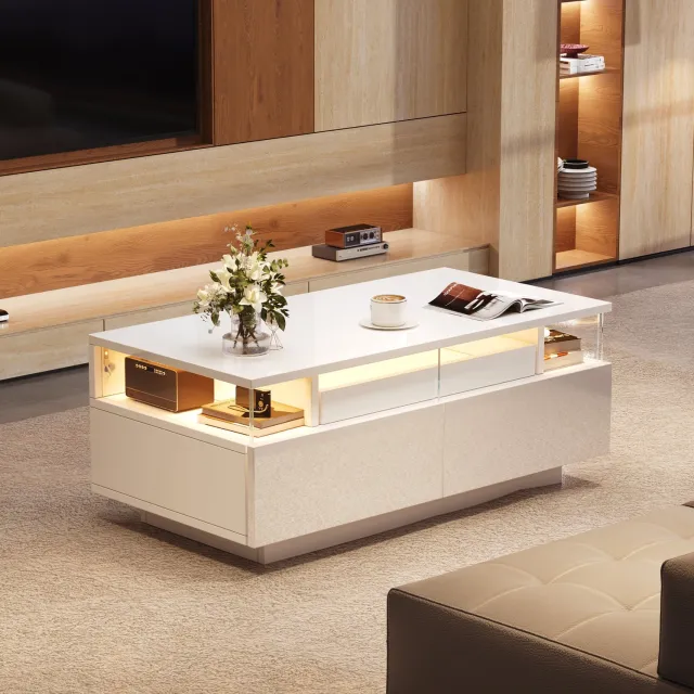 Maisentiel Salontafel 90 x 45 x 35,5 cm met 2 lades, LED, gehard glas, wit