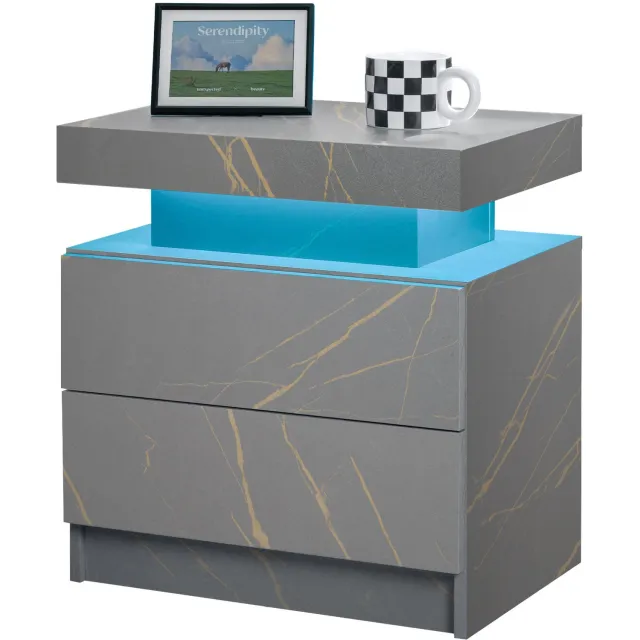 CHICFURN Nachtkastje - LED-verlichting - 2 laden - grijs en goud
