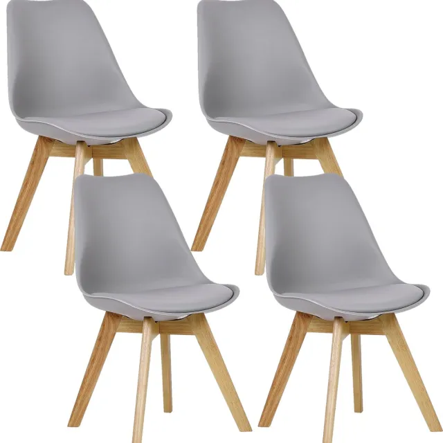 BukkitBow Eetkamerstoelen Houten Frame met Retro Stijl - Gewatteerd Zitting met Kussen - Set van 4 Stuks - Grijs
