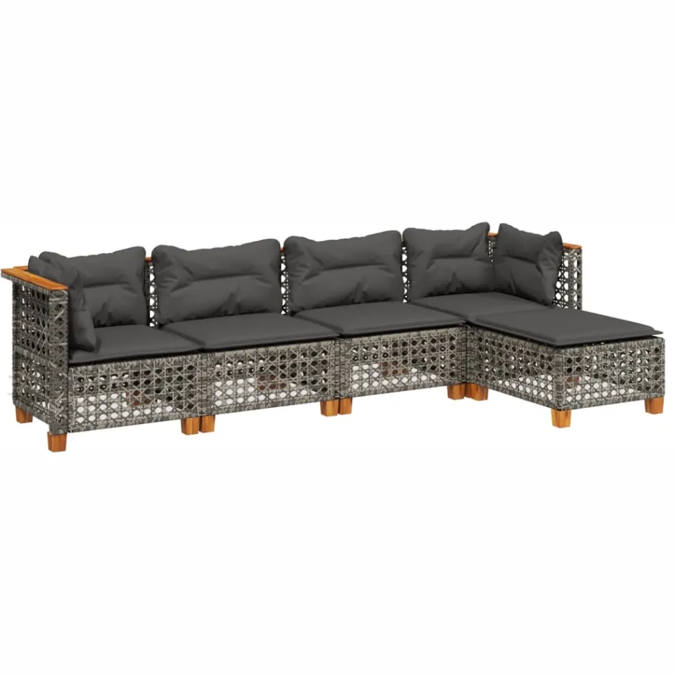 vidaXL 5-delige Loungeset met kussens poly rattan grijs, foto 3