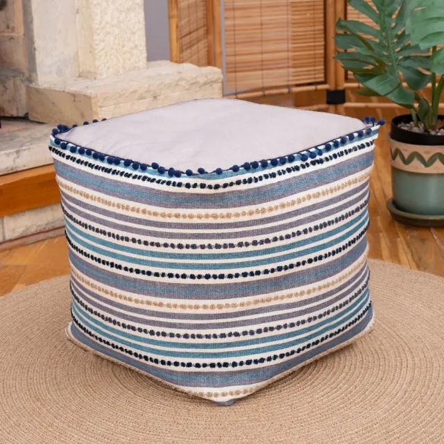 Dekorist Poef, Retro Poef, Vloerkussen als Extra Zitplaats voor in Huis, Zitzakpoef, Comfortabele Voetsteunen voor de Woonkamer, Vintage Look, Slaapkamer, Binnen, Buiten, 16,5 x 16,5 x 18 inch, Gestreept Marineblauw Marine Gestreept