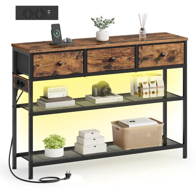 Homesy Sidetable met Stopcontacten en LED, 3 Lades en 3 Niveaus zwart bruin