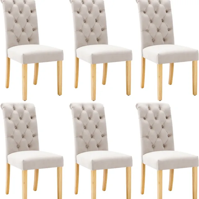 Merax Fluwelen eetkamerstoel set van 6 met eiken poten - chroom knocker - slaapkamerstoel Keukenstoel Woonkamer loungestoel - beige