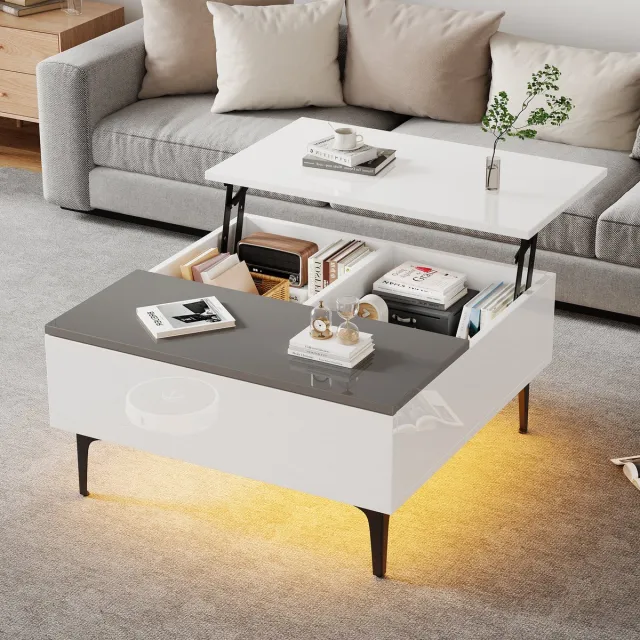 Wishdor Salontafel - Verstelbaar Blad En Opbergruimte Met Lade En Led - Modern - Woonkamer - MDF - Wit En Grijs - 70 X 70 X 35 Cm