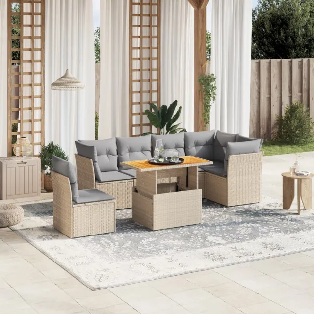 vidaXL 7-delige Loungeset met kussens poly rattan beige, foto 2