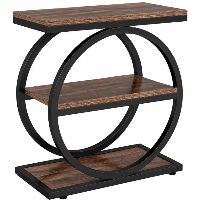 MokoHub Bijzettafel 3-Laags met Opbergplanken - Industrieel - Houten Bank - Metalen Frame - 30x60x65cm - Donkerbruin Zwart