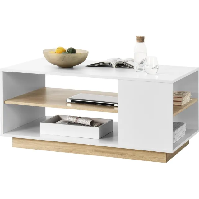 en.casa Salontafel Trelleborg 100x60x46 cm wit en eikenkleurig Wit, hoogglans en eikenkleurig