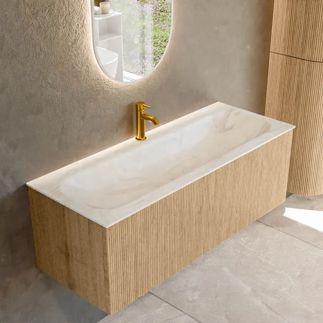 Mondiaz KURVE-DLUX 120 cm Onderkast Greeploos 1 Lade Zonder Deuren Oak, Wastafel Solid Surface Volledig Ostra 1 Kraangat Zonder Spiegel (KRVBGL1201L0D1KM-Oak/Ost)