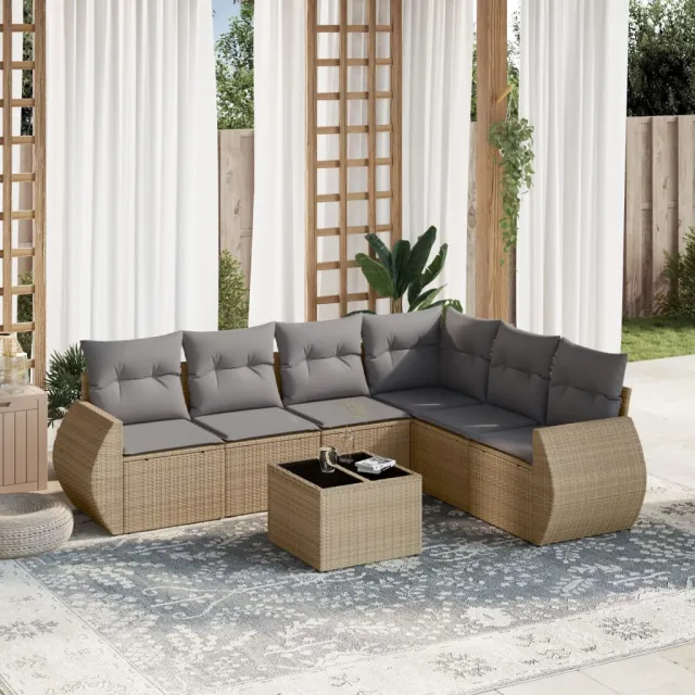 vidaXL 7-delige Loungeset met kussens poly rattan beige, foto 2