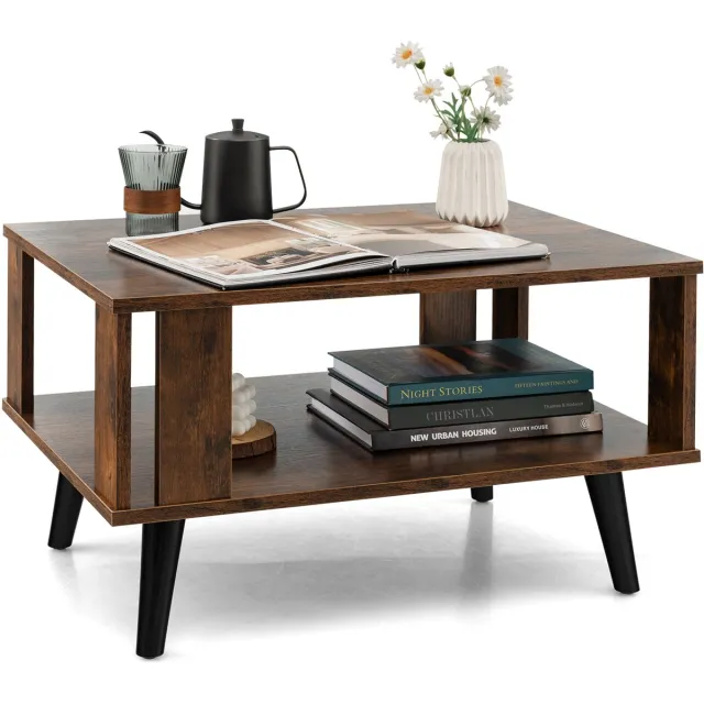 Costway Salontafel, met 2 niveaus, woonkamertafel met plank, rechthoekige koffietafel, bijzettafel, banktafel voor woonkamer, 70 x 50 x 41 cm Zwart