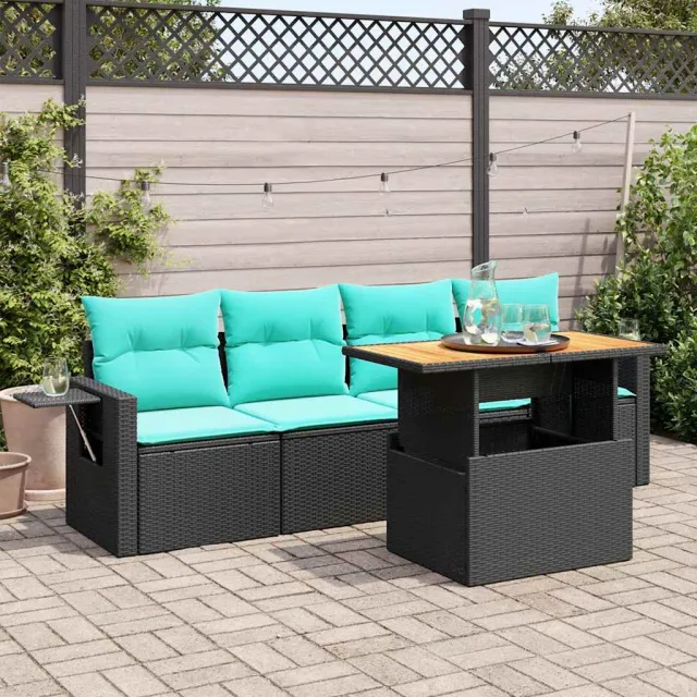 vidaXL 5-delige Loungeset met kussens poly rattan zwart, foto 2