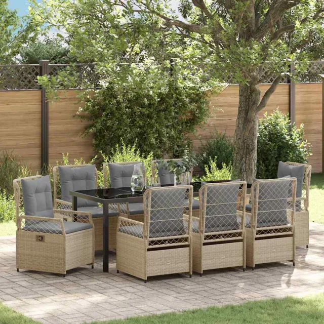 vidaXL Tuin eettafelset 9 st Beige en Licht Grijs poly rattan