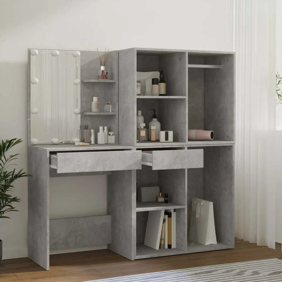 vidaXL Kaptafel met 2 kastjes en LED's bewerkt hout betongrijs grijs, foto 3