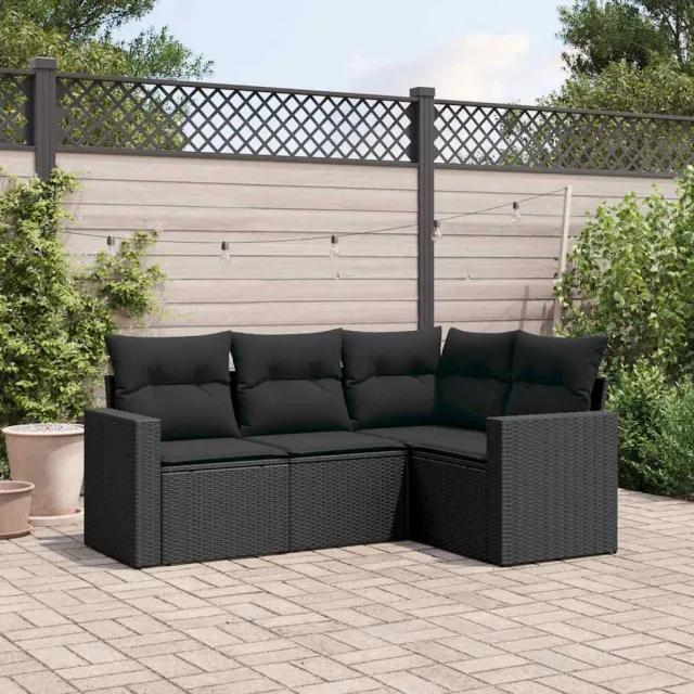 vidaXL 4-delige Loungeset met kussens poly rattan zwart, foto 2