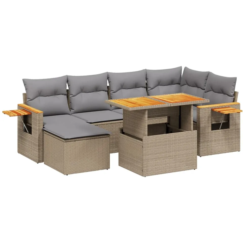 vidaXL 7-delige Loungeset met kussens poly rattan beige