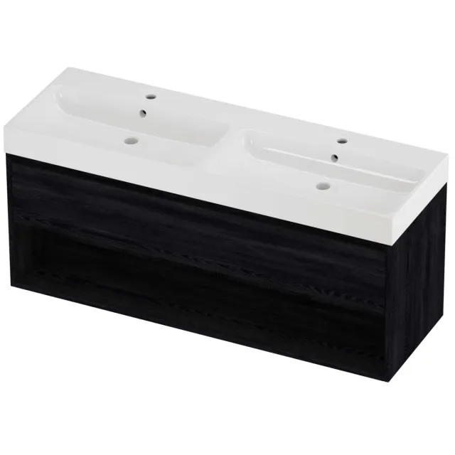 Proline Podium Badmeubelset Polystone Loft Schap 140x46x62 cm Glans Wit Black Oak Eiken