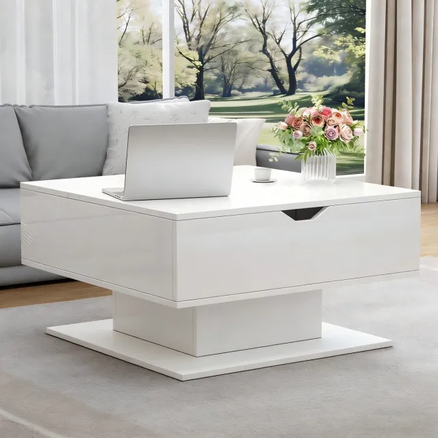 DESMIU Salontafel - Verstelbare Hoogglans Tafel Met LED En Verborgen Opbergruimte - Voor Woonkamer En Thuiswerken - Spaanplaat - Wit - 80x75x40 Cm