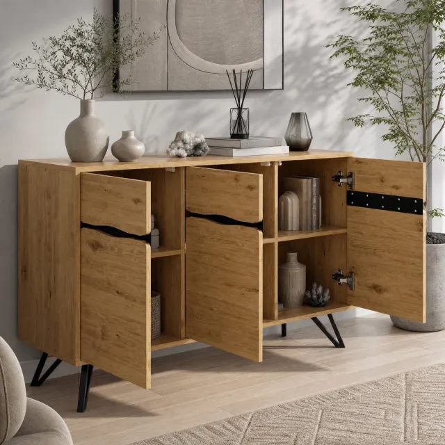 MEUNIQ Dressoir met 3 deuren 140 x 40 x 75,5 cm houtlook en zwarte metalen poten, opbergkast voor woonkamer, eetkamer of hal Houtkleur