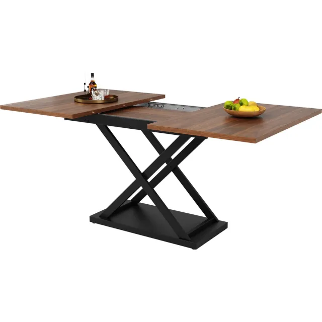 Merax Uitschuifbare Eettafel 120-160x80 cm – Walnoot Bruin Tafelblad – Kruisvormig Zwart Stalen Onderstel – Moderne Tafel voor 6 tot 8 Personen