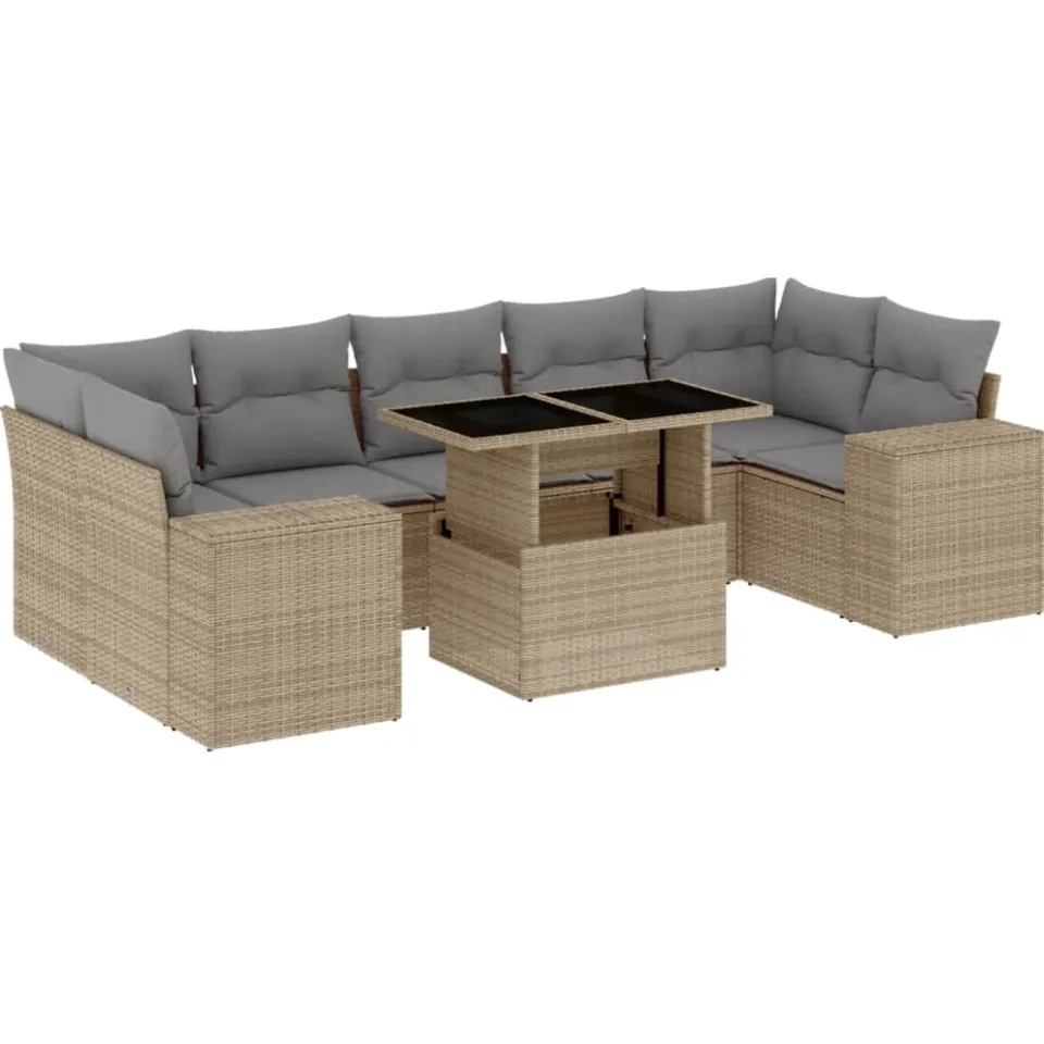 vidaXL 8-delige Loungeset met kussens poly rattan beige, foto 3