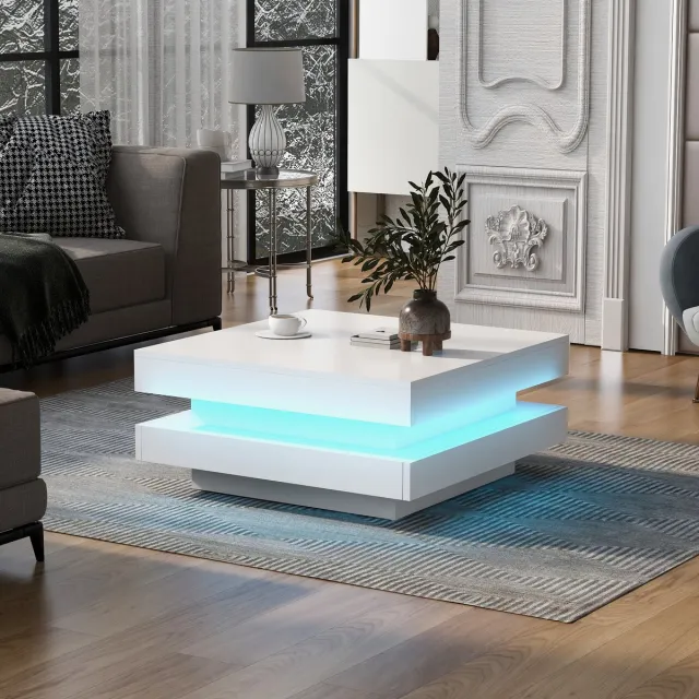 MODFU Hoogglans vierkante salontafel 70x70x36 cm met Bluetooth LED-strip, draagvermogen 45 kg, wit