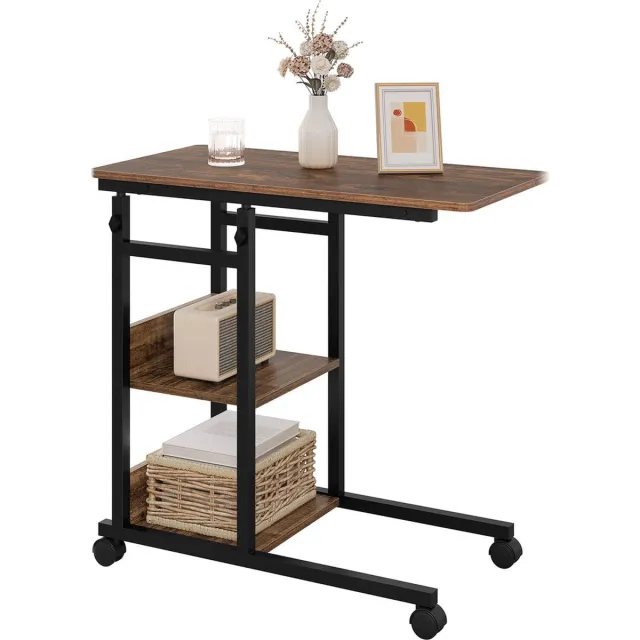 BukkitBow Verstelbare Bijzettafel op Wielen - Vintage Hout met Zwart Metalen Frame - Ruimtebesparend en Multifunctioneel